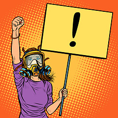 Image showing woman in gas mask protesting against polluted air. Environmental