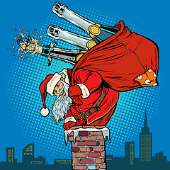Image showing Santa Claus with champagne climbs the chimney