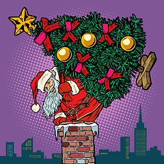Image showing Santa Claus with a Christmas tree climbs the chimney