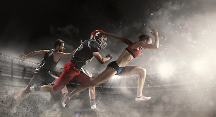 Image showing Multi sports collage about basketball, American football players and fit running woman