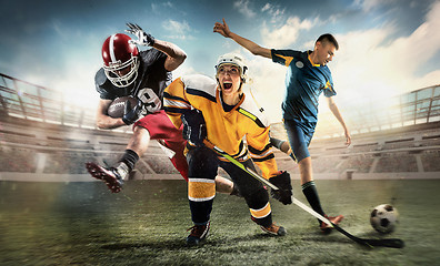 Image showing Multi sports collage about ice hockey, soccer and American football screaming players at stadium