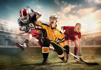Image showing Multi sports collage about ice hockey, soccer and American football players at stadium