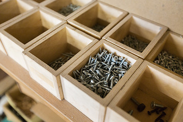 Image showing screws in wooden boxes at workshop