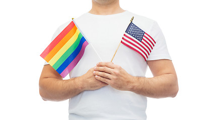 Image showing man with gay pride rainbow and american flag