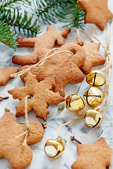 Image showing Gingerbread Christmas toys and golden bells.