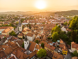 Image showing Aerial view of old medieval city center of Ljubljana, capital of Slovenia.