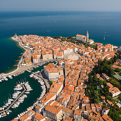 Image showing Aerial view of old town Piran, Slovenia, Europe. Summer vacations tourism concept background.