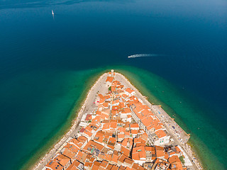 Image showing Aerial view of old town Piran, Slovenia, Europe. Summer vacations tourism concept background.