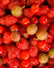 Image showing Berries raspberry,gooseberry and cherry