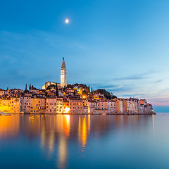 Image showing Colorful sunset of Rovinj town, Croatian fishing port on the west coast of the Istrian peninsula.