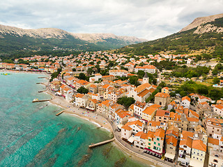 Image showing Aerial panoramic view of Baska town, popular touristic destination on island Krk, Croatia, Europe