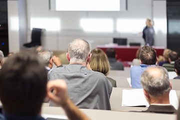 Image showing Business speaker giving a talk at business conference event.