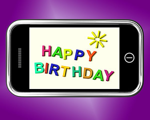 Image showing Happy Birthday Message On Mobile Phone Shows Internet Greeting