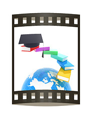 Image showing Earth of education with books around and graduation hat. Global 