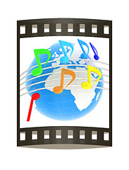 Image showing music notes  background. 3D illustration. The film strip.