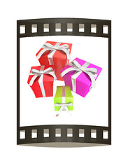 Image showing Gift boxes. 3d illustration. The film strip.