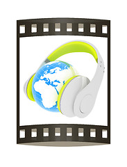 Image showing Abstract symbol music and earth. 3d illustration. The film strip