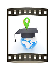 Image showing Geo pin with graduation hat on white. School sign, geolocation a