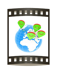 Image showing Planet Earth and map pins icon. Earth globe and colorful map lab