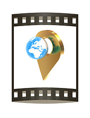 Image showing Planet Earth and golden map pins icon on Earth. 3d illustration.