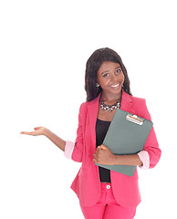 Image showing Business woman welcome people