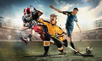 Image showing Multi sports collage about ice hockey, soccer and American football screaming players at stadium