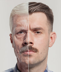 Image showing Collage of two portraits of the same old man and young man. Face lifting, aging and skincare concept. Conparison