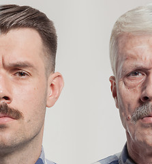 Image showing Collage of two portraits of the same old man and young man. Face lifting, aging and skincare concept. Conparison