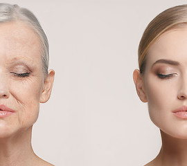 Image showing Comparison. Portrait of beautiful woman with problem and clean skin, aging and youth concept, beauty treatment