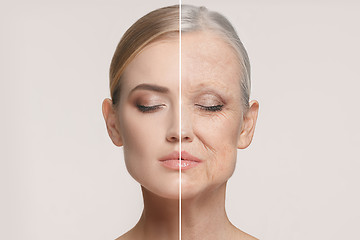 Image showing Comparison. Portrait of beautiful woman with problem and clean skin, aging and youth concept, beauty treatment