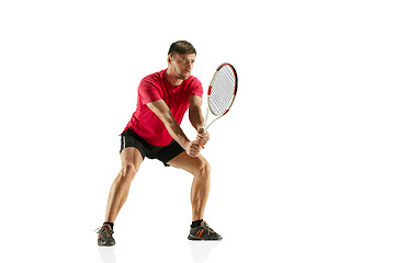 Image showing one caucasian man playing tennis player isolated on white background