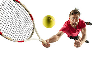 Image showing one caucasian man playing tennis player isolated on white background