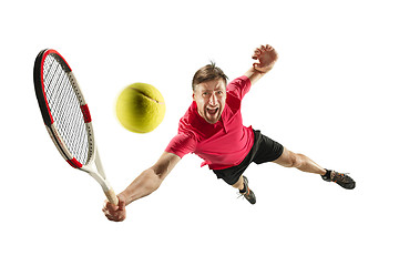 Image showing one caucasian man playing tennis player isolated on white background