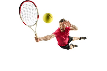 Image showing one caucasian man playing tennis player isolated on white background