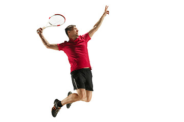 Image showing one caucasian man playing tennis player isolated on white background