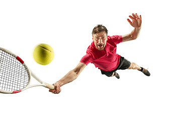 Image showing one caucasian man playing tennis player isolated on white background