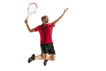 Image showing one caucasian man playing tennis player isolated on white background