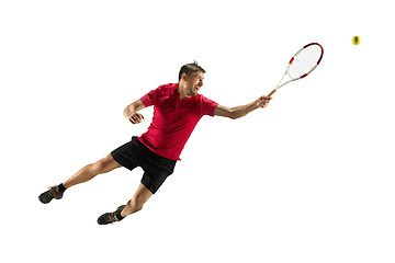 Image showing one caucasian man playing tennis player isolated on white background