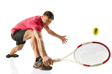 Image showing one caucasian man playing tennis player isolated on white background