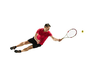 Image showing one caucasian man playing tennis player isolated on white background