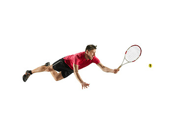 Image showing one caucasian man playing tennis player isolated on white background