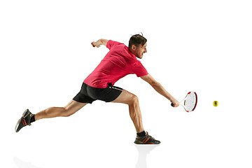 Image showing one caucasian man playing tennis player isolated on white background