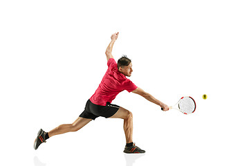 Image showing one caucasian man playing tennis player isolated on white background