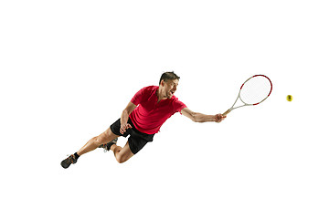 Image showing one caucasian man playing tennis player isolated on white background