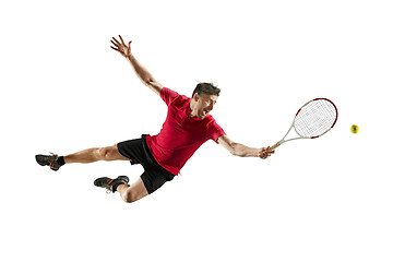 Image showing one caucasian man playing tennis player isolated on white background