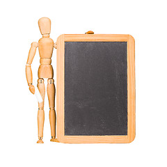 Image showing Wooden mannequin and chalkboard