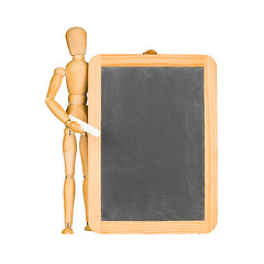 Image showing Wooden mannequin and chalkboard