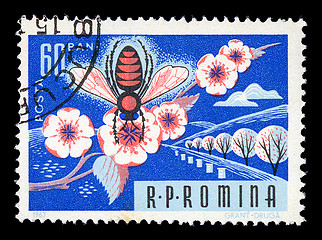 Image showing honey bee on flower vintage postage stamp