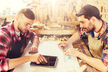 Image showing workmen with tablet pc and blueprint at workshop
