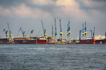 Image showing Hamburg, Germany - July 28, 2014: View of port of Hamburg harbor